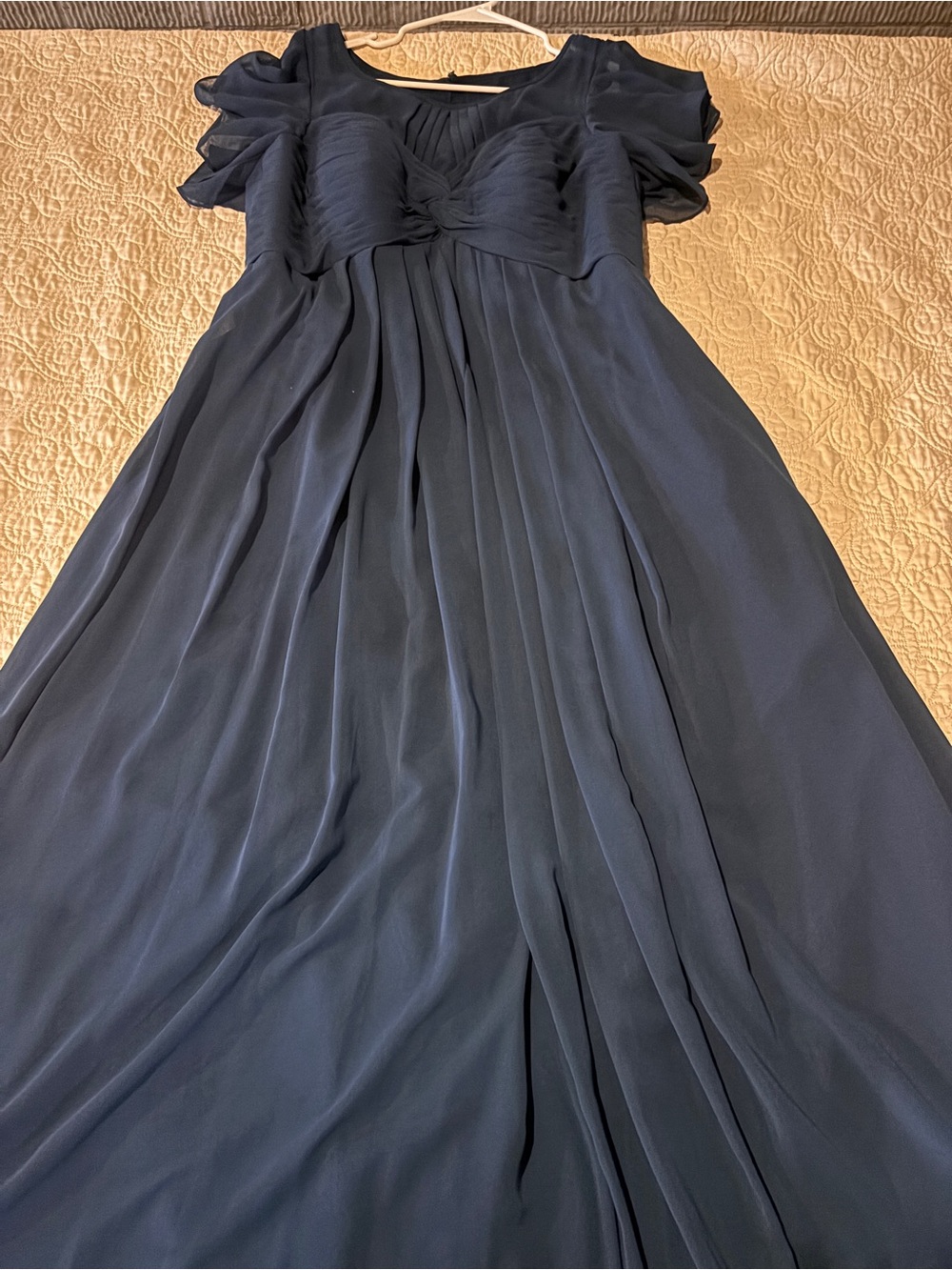 Azazie Navy Chiffon Maxi Dress with Puff Sleeves